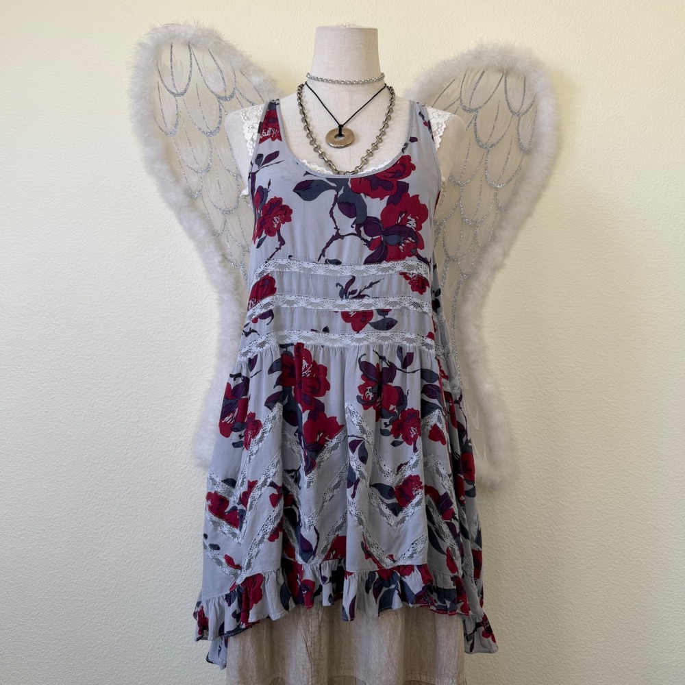 Whimsy Twee Intimately Free People‎ Floral Lace Ruffle Tiered Tunic Top Voila